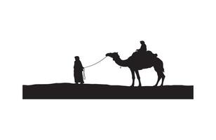 Man leading camel walking across dry desert vector