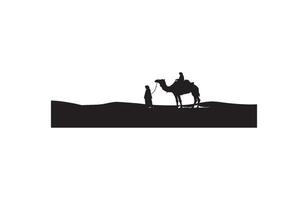 Man walking camel during travel across dunes vector