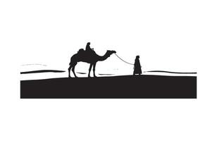 Walking journey man guiding camel in desert vector