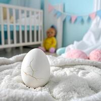 A cracked egg sitting on a bed in a nursery photo