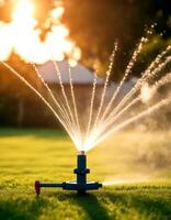different sprayers time garden sunset sprinklers lawn landscape autonomous installed rotating smart fruit automatic design turf watering irrigated system water gardening sprinkler field grass nature s photo