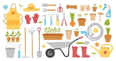 Set of gardening tools, plants and accessories in a colorful flat style on a white background vector