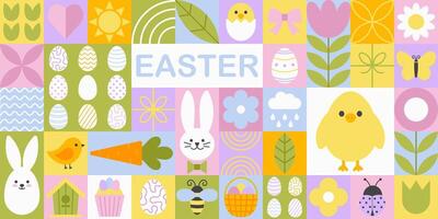 Cute easter modern geometric mosaic seamless pattern. Simple shapes and icons in flat minimalist style. Spring ornament for print, banner, card, fabric, cover, wrapping paper, wallpaper vector