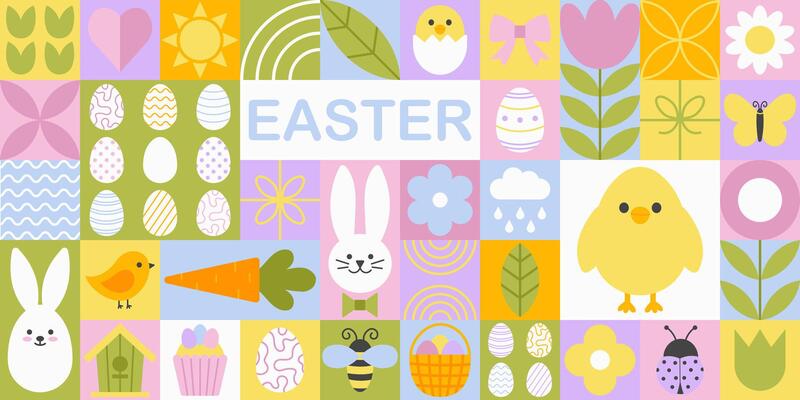 Cute easter modern geometric mosaic seamless pattern. Simple shapes and icons in flat minimalist style. Spring ornament for print, banner, card, fabric, cover, wrapping paper, wallpaper