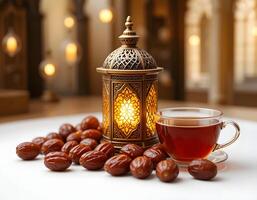 Ramadhan Lantern Glowing with Dates and Tea for Iftar photo