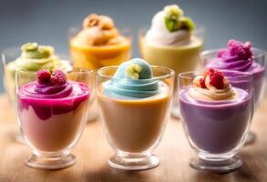 cream cups fancy desserts colourful chocolate confectionery delicious mousse cake dessert assorted assortment candy colorful photo