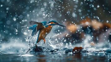 Kingfisher Bird in Action with Water Splashes and Frozen Motion Effect photo