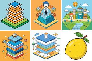Colorful Isometric Illustrations of Buildings Cityscape Data Layers and Lemon vector