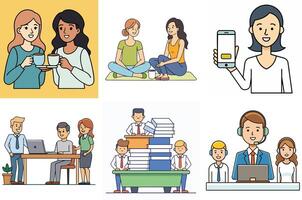 Diverse Group of People Engaging in Various Activities Teamwork Communication and Relaxation vector