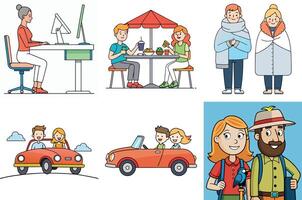 Collection of Diverse People Enjoying Various Activities such as Working on Computer, Eating at Outdoor Cafe, Relaxing in Winter Clothes, Driving a Convertible Car, and Traveling with a Bird vector