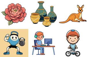 Collection of Diverse Colorful Illustrations Featuring a Peony Flower, Ancient Pottery, a Kangaroo, a KettlebellLifting Character, a Boy Gaming, and a Child on a Bicycle vector