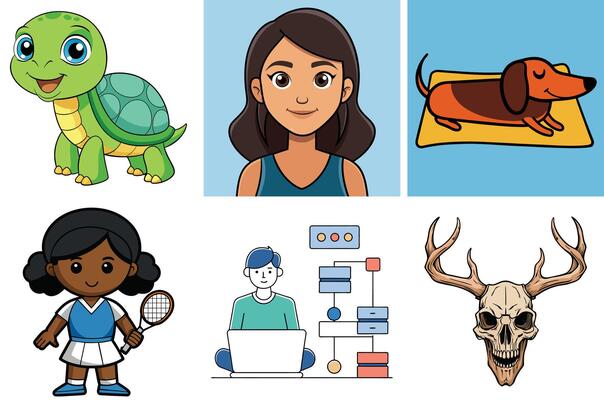 Collection of diverse cartoon illustrations including a turtle a woman a dachshund a tennis girl a programmer and a skull with antlers