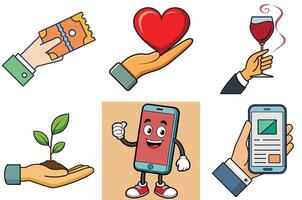 Collection of diverse hand gestures showing various actions and objects such as ticket offer, heart donation, wine glass, plant growth, and mobile phone usage vector