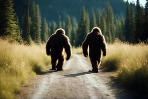 Sasquatch Crossing background forest family monster mythical fun beast caution warning creature foot signs yeti big walking isolated photo