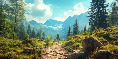 path in the mountains with rocks and trees photo