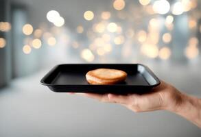 empty serving service carrying eatery tray holding business with man waiter hand photo