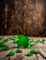 space symbol ai clover irish saint day green wooden background patrick table shamrock holiday s empty photo