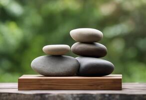 canvas copy Minimal background wood product space Stack splay stones podium empty platform presentation scene poduim wood stump stone dais pedestal platform display product scene presentation dais photo