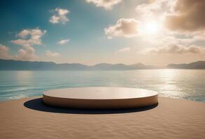 render day blended sky podium beautiful -3 sea stage simple colored sunny image background shore 3d windless poduim presentation stage dais product empty cosmetic arch summer sea grease won photo