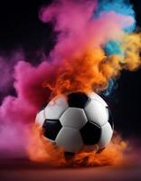 colorful space smoke soccer black ball copy background text placement colourful sport game play competition athletic team action motion photo