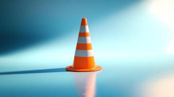 Orange and white traffic cone casting a shadow on blue background photo