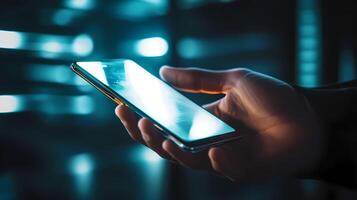 Programmer using smartphone in modern data center with cyber security in mind photo
