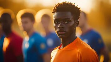Young soccer player standing out from teammates during golden hour practice photo