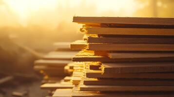 Stack of wood planks glowing in the warm sunset light photo