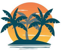 Sunset sky design with tropical palm trees silhouette, beautiful retro summer sunset tshirt or fabric print style vector