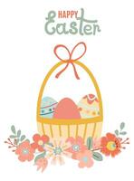 Happy easter. Spring flowers with the easter eggs in the basket on white background. Can be add text. Design for banner, poster, postcard. EPS10. vector