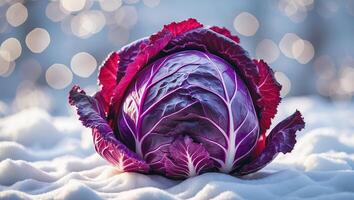Fresh purple cabbage resting on a snowy surface with soft bokeh lights in the background during winter photo