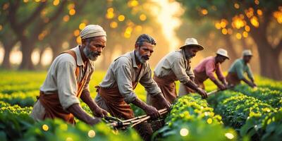 Farmers working in a lush field during golden hour, showcasing dedication and teamwork in agricultural practices photo