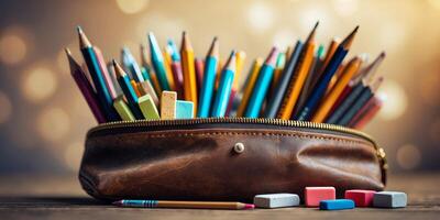 Colorful assortment of pencils and erasers in a brown pencil case on a wooden table photo
