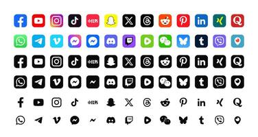 Set of popular social media logo icons. facebook, youtube, instagram, threads, x, linkedin, telegram, snapchat, whatsapp, reddit, rednote, pinterest, quora, discord, messenger, twitch etc vector