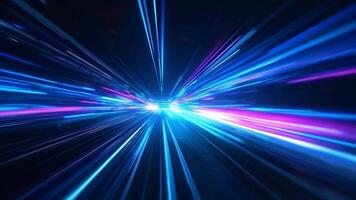 Animated shiny abstract background with bright blue and purple light stripes bursting out into an exciting speed tunnel, creating a sense of movement and vitality. video