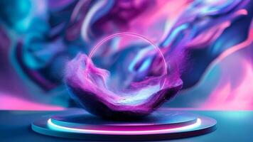Enigmatic glow animation. Abstract 3D render of a vibrant, iridescent, glowing orb nestled within a swirling nebula-like formation, set on a neon-lit platform. Perfect for futuristic, fantasy. video
