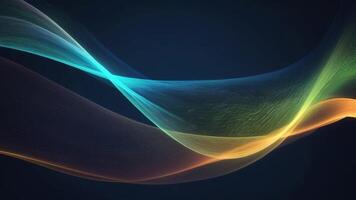 Animated abstract flow. Blue, green, orange and gold lights move across a dark background, creating a smooth and elegant wave pattern. video