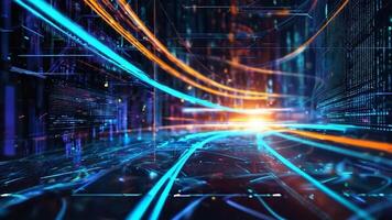Animated a mesmerizing abstract digital landscape, featuring a network of glowing blue and orange lines converging towards a bright light source. video