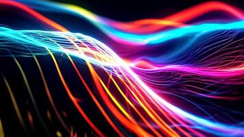 Vibrant energy flow motion, an abstract art piece featuring colorful, dynamic lines of light and waves, creates a mesmerizing visual experience, perfect for technology, music, and energy project video