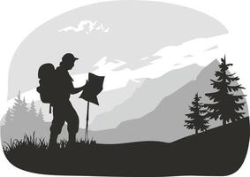 Silhouette of a hiker studying a map in a mountain landscape. vector