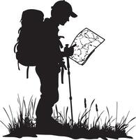Silhouette of a Hiker with Backpack and Map Standing on Grass vector