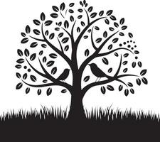 A stylized symmetrical Black and White silhouette of a tree with birds perched on branches. vector