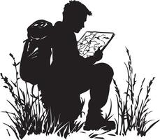 A black and white silhouette of a hiker crouched in tall grass, poring over a map. vector