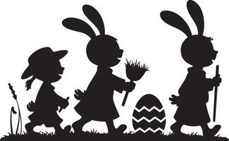 Easter Bunny Silhouette with Child, Searching for Eggs vector