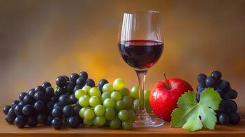 Glass of red wine with grapes and apple on wooden table photo