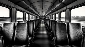 Empty passenger train moving on railway with seats and windows showing motion blur photo