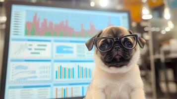 Pug puppy wearing eyeglasses working with charts and graphs on computer screen photo
