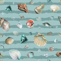 Seashell Pattern on blue background. Hand drawn watercolor seamless ornament with Sea Shells for wrapping paper or textile in nautical style. Underwater illustration with cockleshell and scallop vector