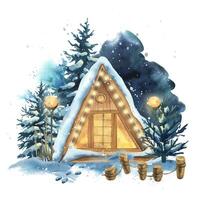 Winter landscape in the night forest with a wooden triangular house, spruce trees, snow, lanterns. Watercolor hand-drawn illustration. Composition of a wildlife scene isolated from the background vector