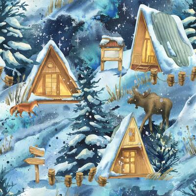 Winter landscape in the night forest with triangular wooden houses, trees, snowdrifts, river, fox and elk. Watercolor hand-drawn illustration. Seamless ornament landscape scene repeating pattern